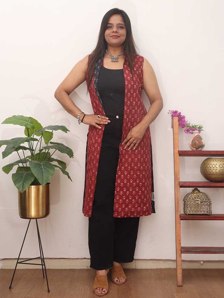 Red And Black Block Printed Pure Cotton Reversible Long Jacket - Luxurion World