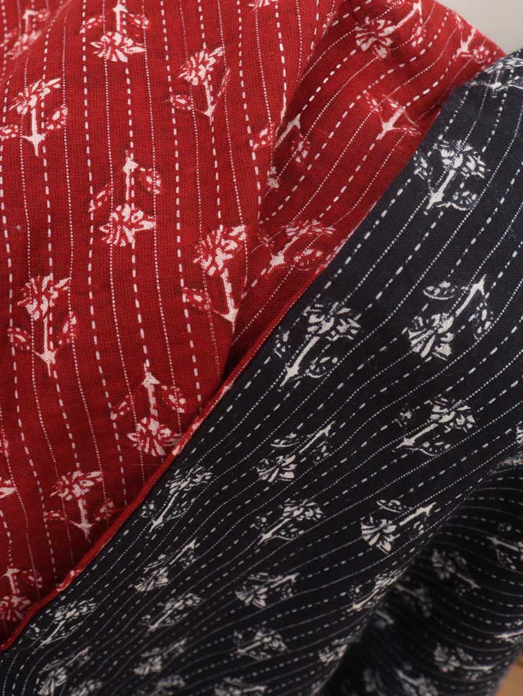 Red And Black Block Printed Pure Cotton Reversible Long Jacket - Luxurion World