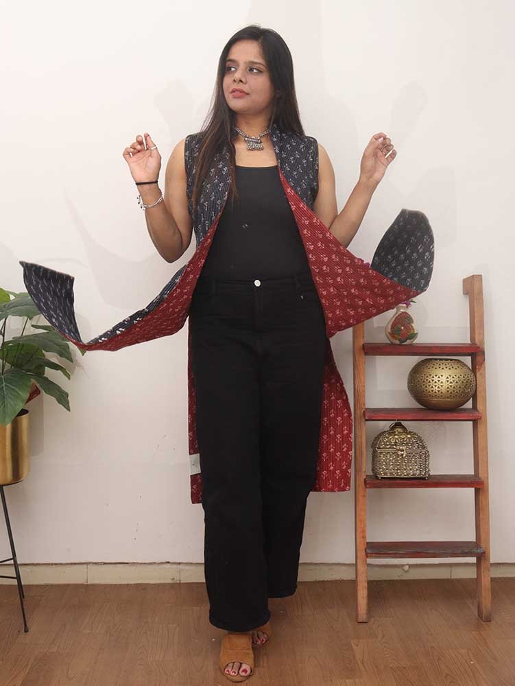 Red And Black Block Printed Pure Cotton Reversible Long Jacket