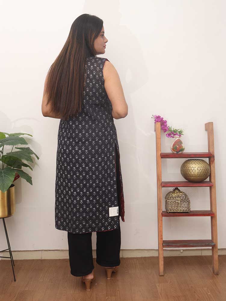 Red And Black Block Printed Pure Cotton Reversible Long Jacket - Luxurion World
