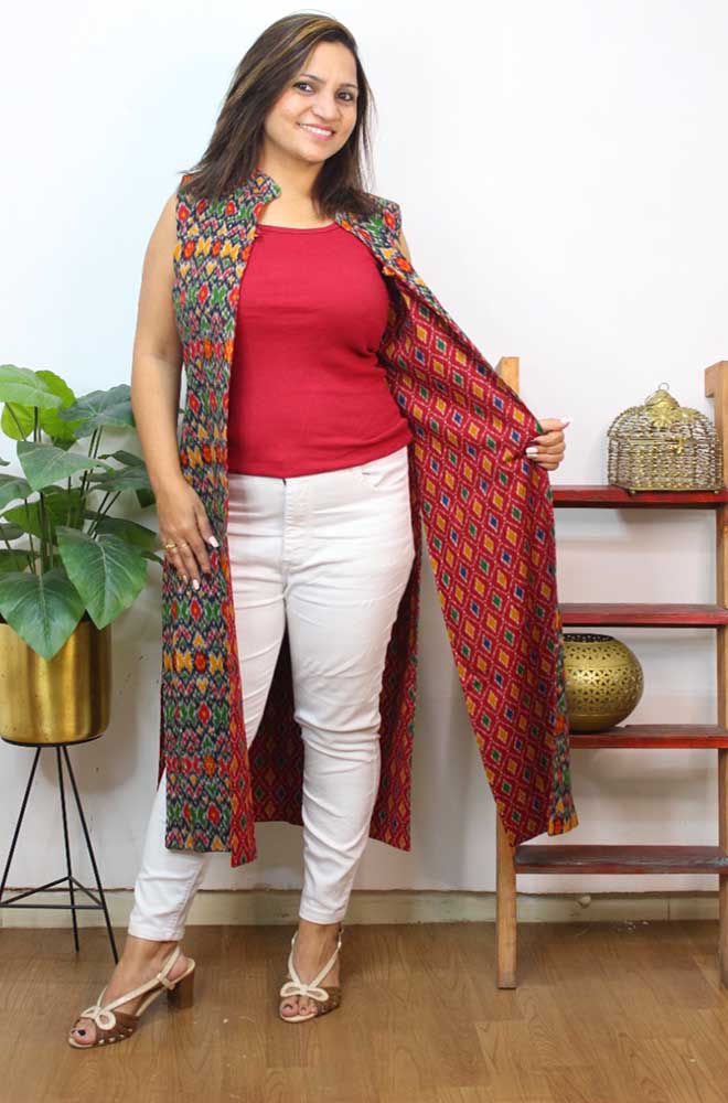 Red And Black Double Ikat Pure Cotton Reversible Long Jacket - Luxurion World