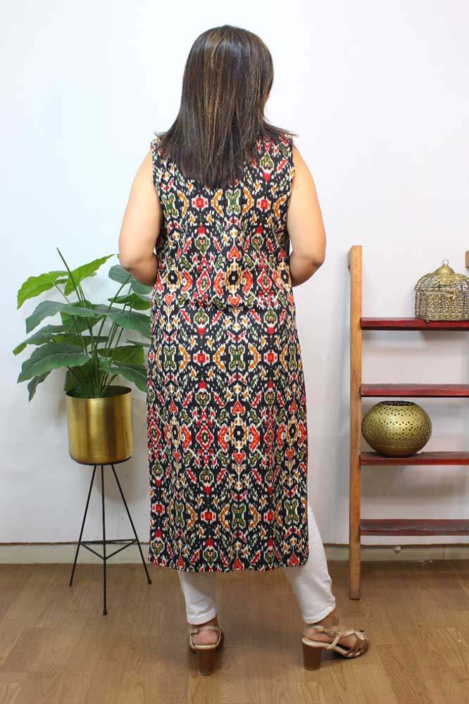 Red And Black Double Ikat Pure Cotton Reversible Long Jacket - Luxurion World