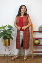 Red And Black Double Ikat Pure Cotton Reversible Long Jacket - Luxurion World