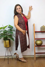 Red And Black Double Ikat Pure Cotton Reversible Long Jacket - Luxurion World