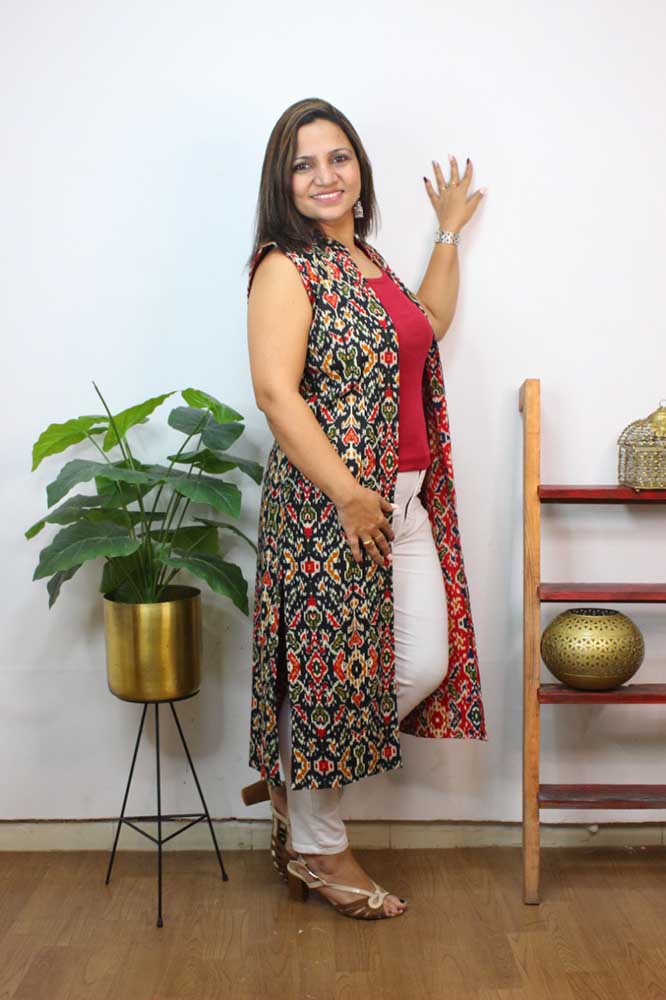 Red And Black Double Ikat Pure Cotton Reversible Long Jacket - Luxurion World