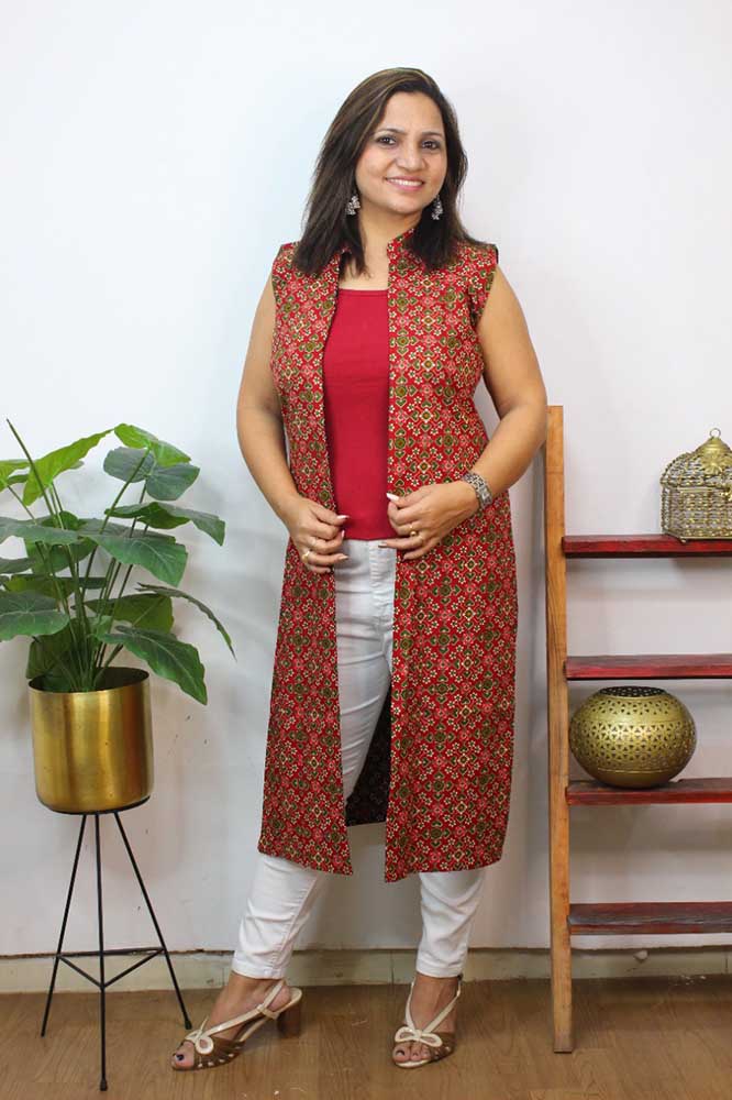 Red And Black Double Ikat Pure Cotton Reversible Long Jacket - Luxurion World