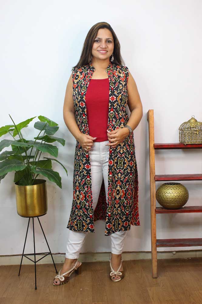 Red And Black Double Ikat Pure Cotton Reversible Long Jacket - Luxurion World