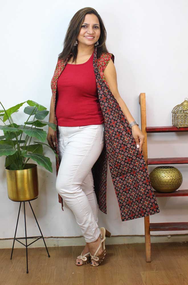 Red And Black Double Ikat Pure Cotton Reversible Long Jacket - Luxurion World