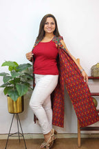 Red And Black Double Ikat Pure Cotton Reversible Long Jacket - Luxurion World