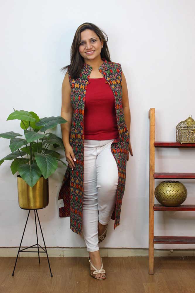 Red And Black Double Ikat Pure Cotton Reversible Long Jacket - Luxurion World