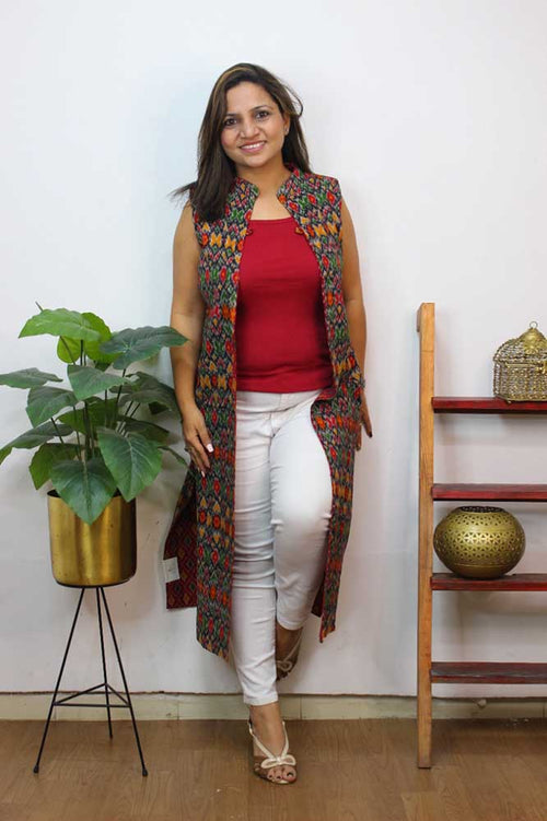 Red And Black Double Ikat Pure Cotton Reversible Long Jacket - Luxurion World