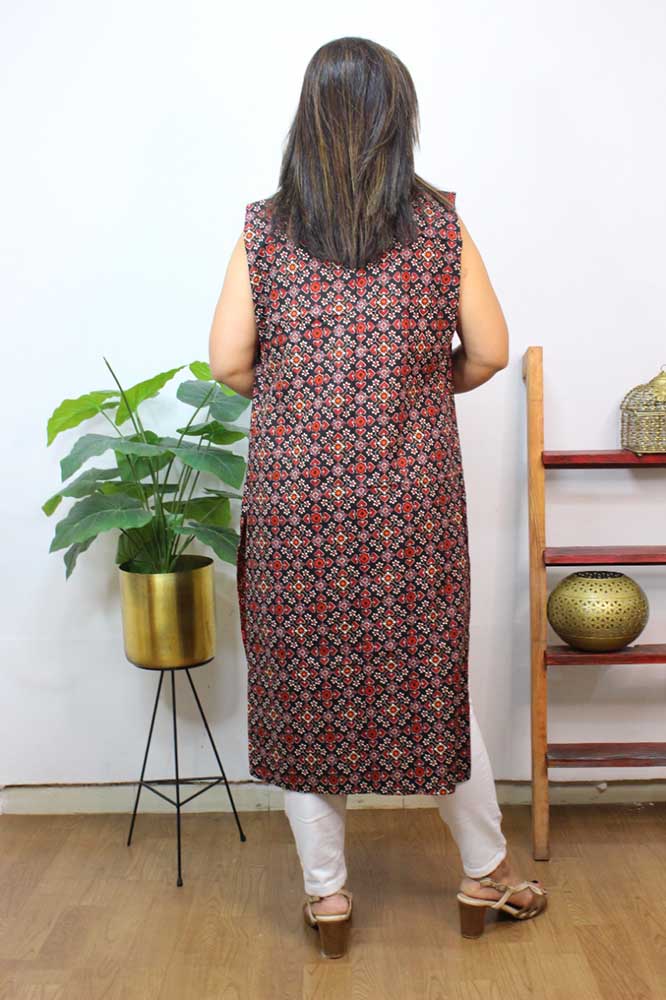 Red And Black Double Ikat Pure Cotton Reversible Long Jacket - Luxurion World