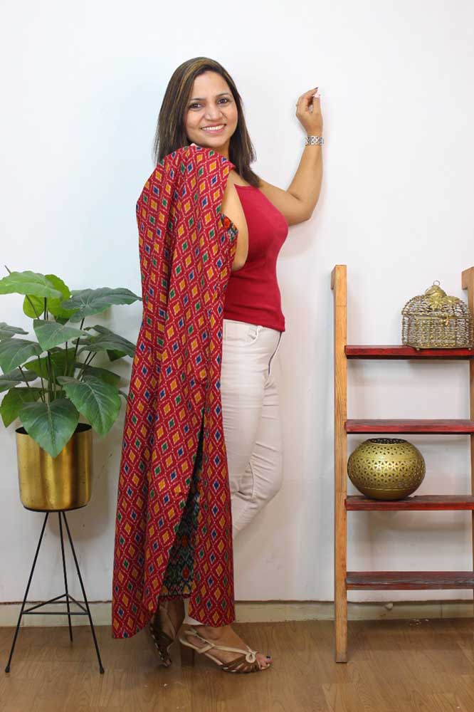 Red And Black Double Ikat Pure Cotton Reversible Long Jacket - Luxurion World
