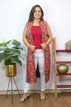 Red And Black Double Ikat Pure Cotton Reversible Long Jacket - Luxurion World