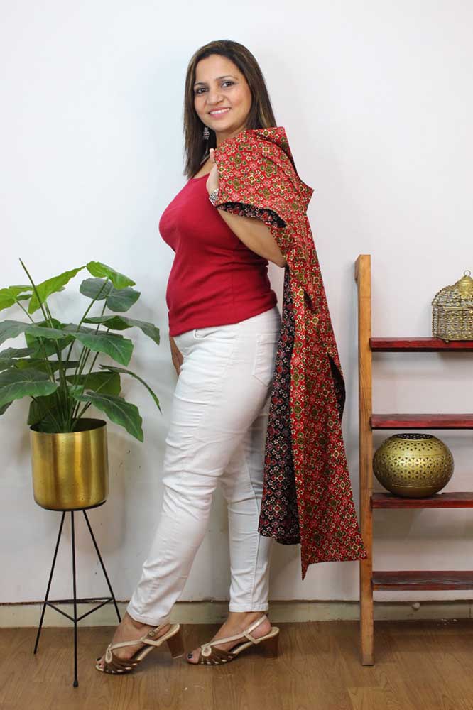 Red And Black Double Ikat Pure Cotton Reversible Long Jacket - Luxurion World