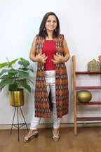 Red And Black Double Ikat Pure Cotton Reversible Long Jacket - Luxurion World