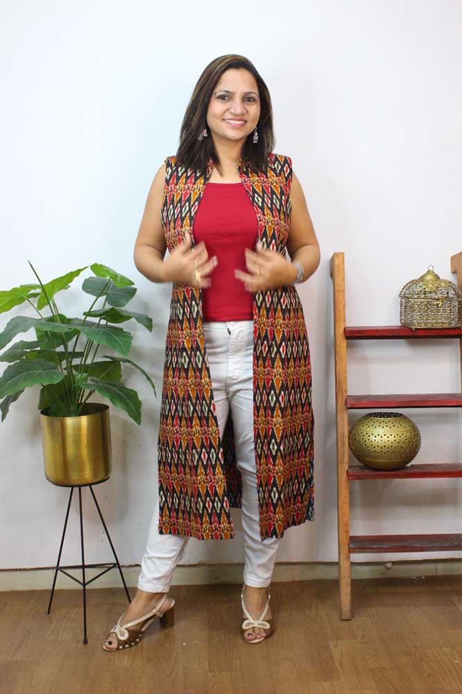Red And Black Double Ikat Pure Cotton Reversible Long Jacket - Luxurion World