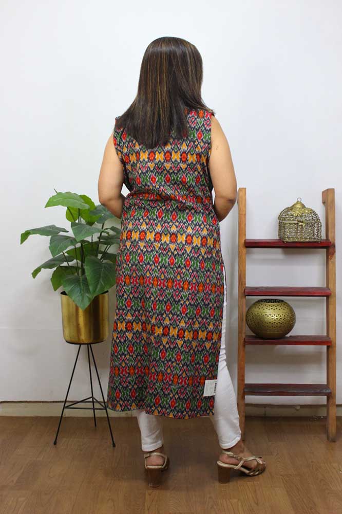 Red And Black Double Ikat Pure Cotton Reversible Long Jacket - Luxurion World