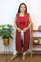 Red And Black Double Ikat Pure Cotton Reversible Long Jacket - Luxurion World