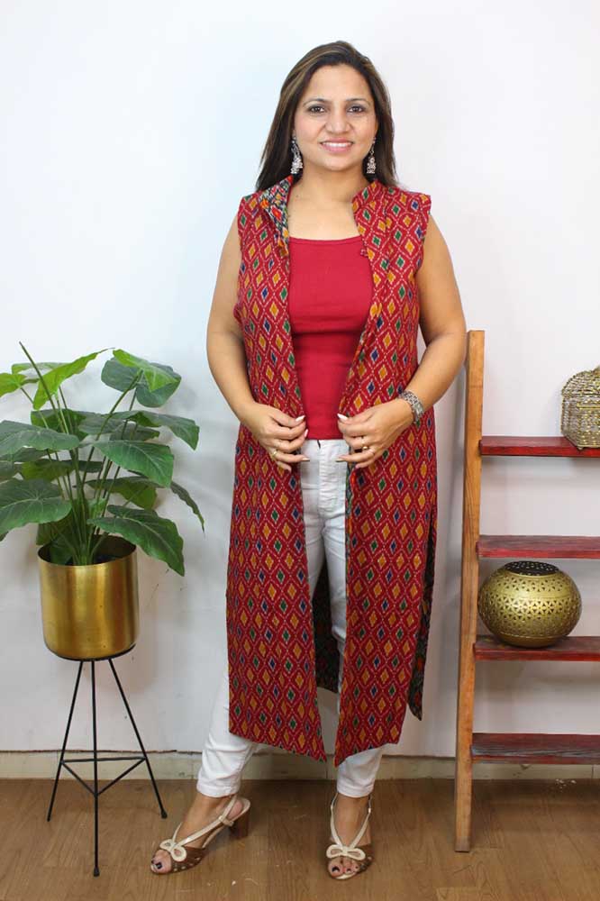 Red And Black Double Ikat Pure Cotton Reversible Long Jacket - Luxurion World