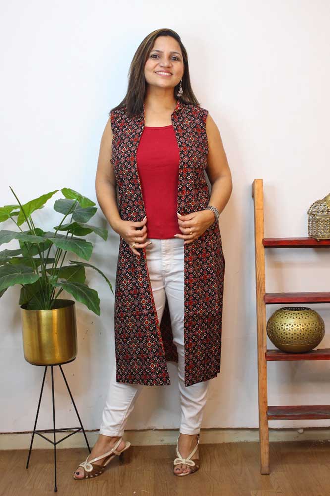 Red And Black Double Ikat Pure Cotton Reversible Long Jacket