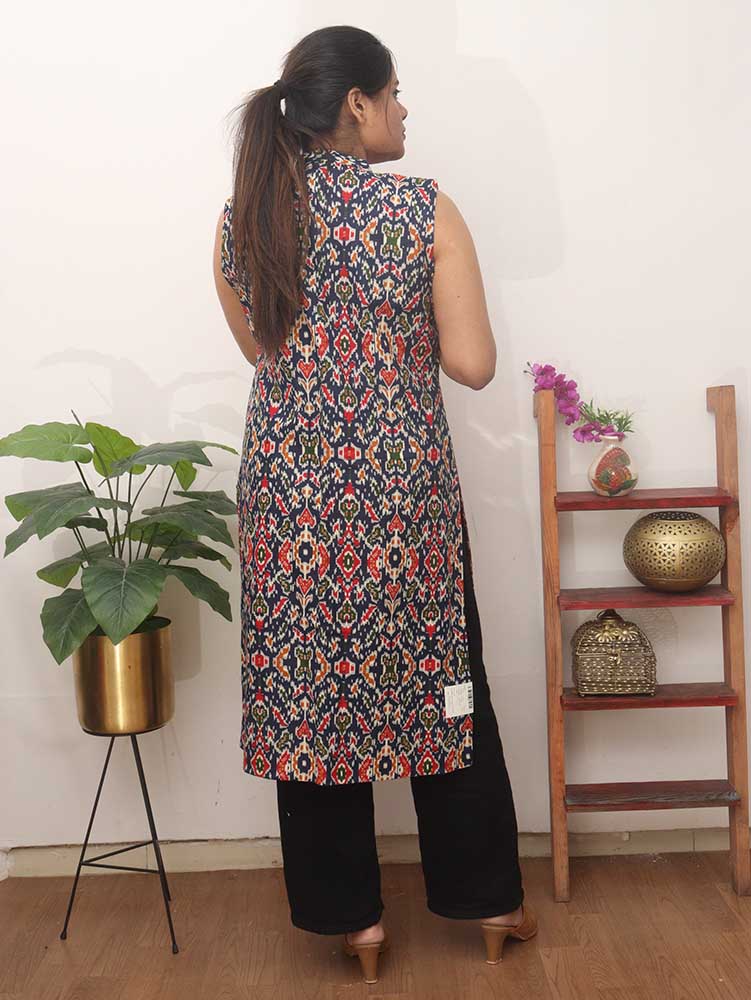 Red And Blue Double Ikat Pure Cotton Reversible Jacket - Luxurion World