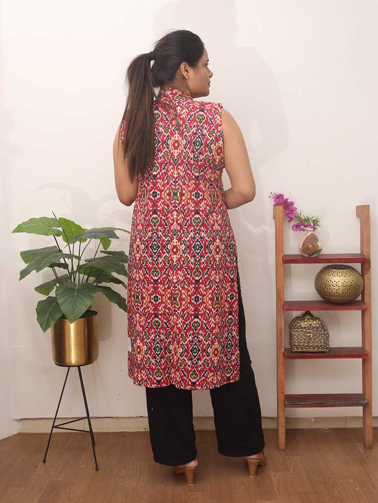 Red And Blue Double Ikat Pure Cotton Reversible Jacket - Luxurion World