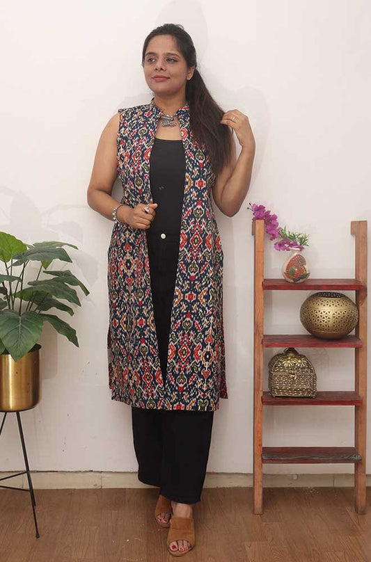 Red And Blue Double Ikat Pure Cotton Reversible Jacket - Luxurion World