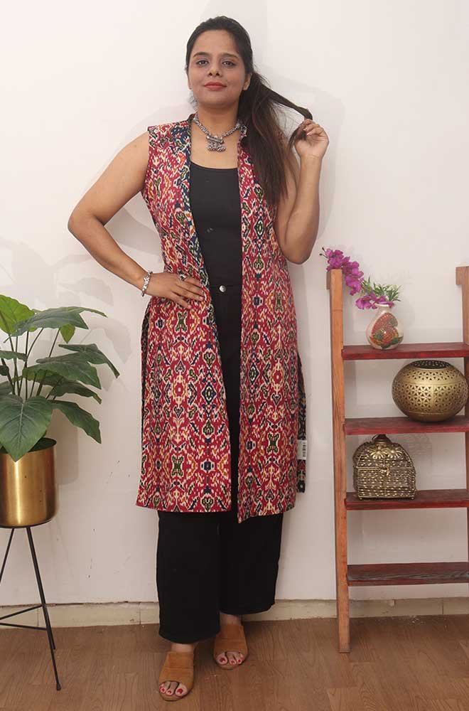 Red And Blue Double Ikat Pure Cotton Reversible Jacket - Luxurion World
