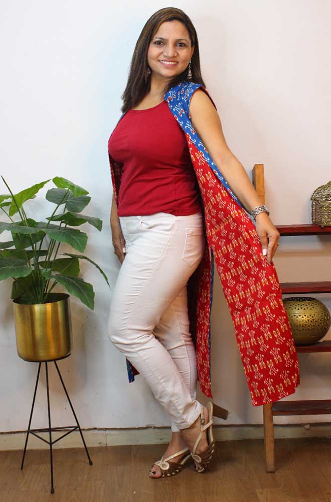 Red And Blue Ikat Pure Cotton Reversible Long Jacket - Luxurion World