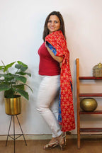 Red And Blue Ikat Pure Cotton Reversible Long Jacket - Luxurion World