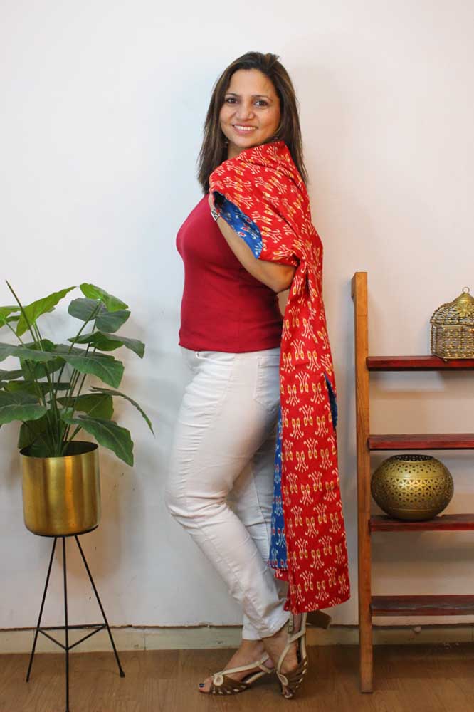 Red And Blue Ikat Pure Cotton Reversible Long Jacket - Luxurion World