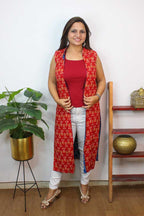 Red And Blue Ikat Pure Cotton Reversible Long Jacket - Luxurion World