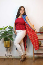 Red And Blue Ikat Pure Cotton Reversible Long Jacket - Luxurion World