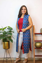 Red And Blue Ikat Pure Cotton Reversible Long Jacket - Luxurion World