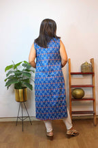 Red And Blue Ikat Pure Cotton Reversible Long Jacket - Luxurion World