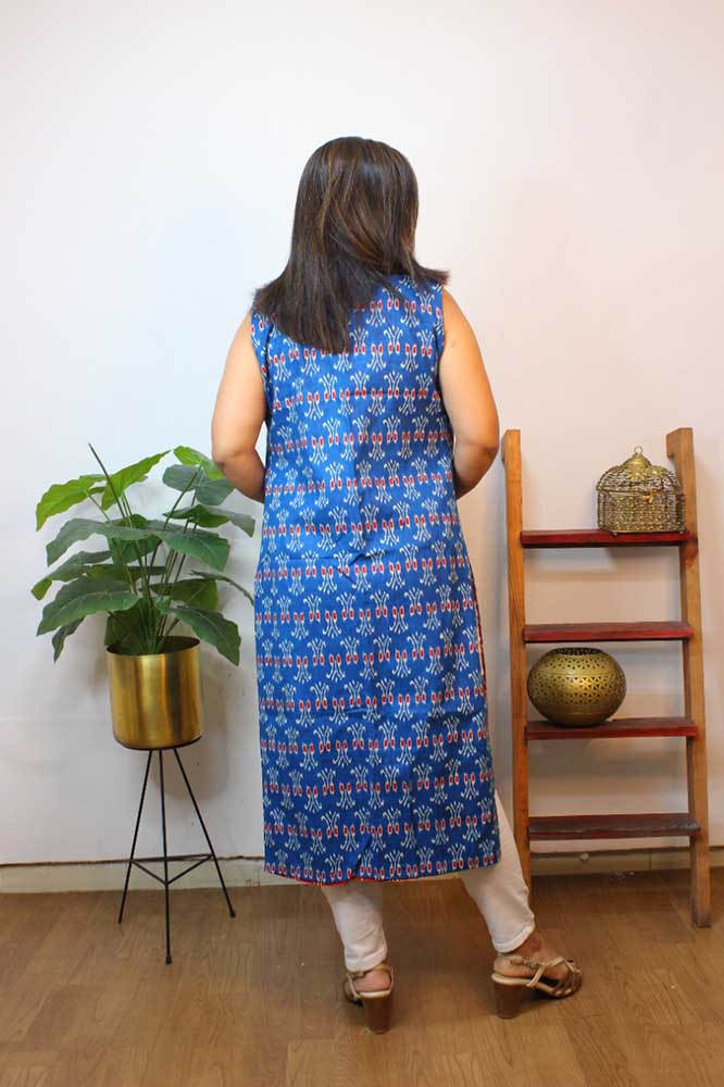 Red And Blue Ikat Pure Cotton Reversible Long Jacket - Luxurion World