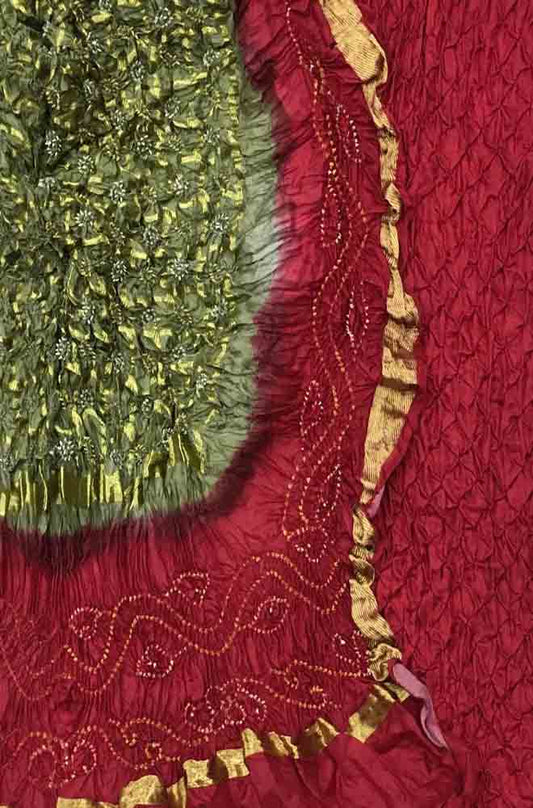 Red And Green Bandhani Pure Silk Three Piece Unstitched Suit Set - Luxurion World