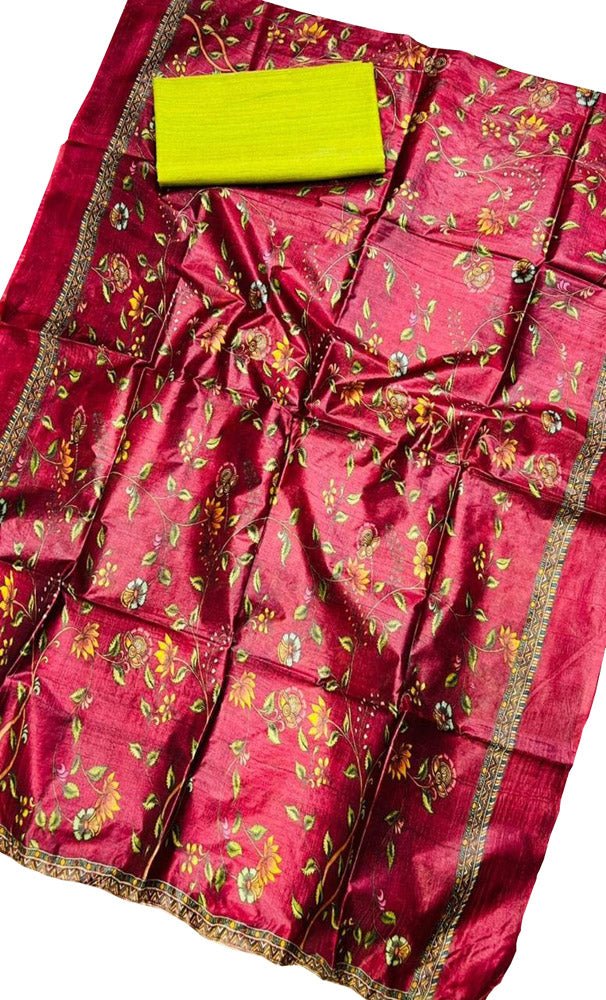 Red And Green Digital Printed Tussar Silk Two Piece Unstitched Suit Set