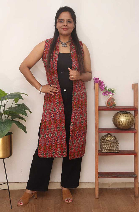 Red And Green Double Ikat Pure Cotton Reversible Jacket - Luxurion World