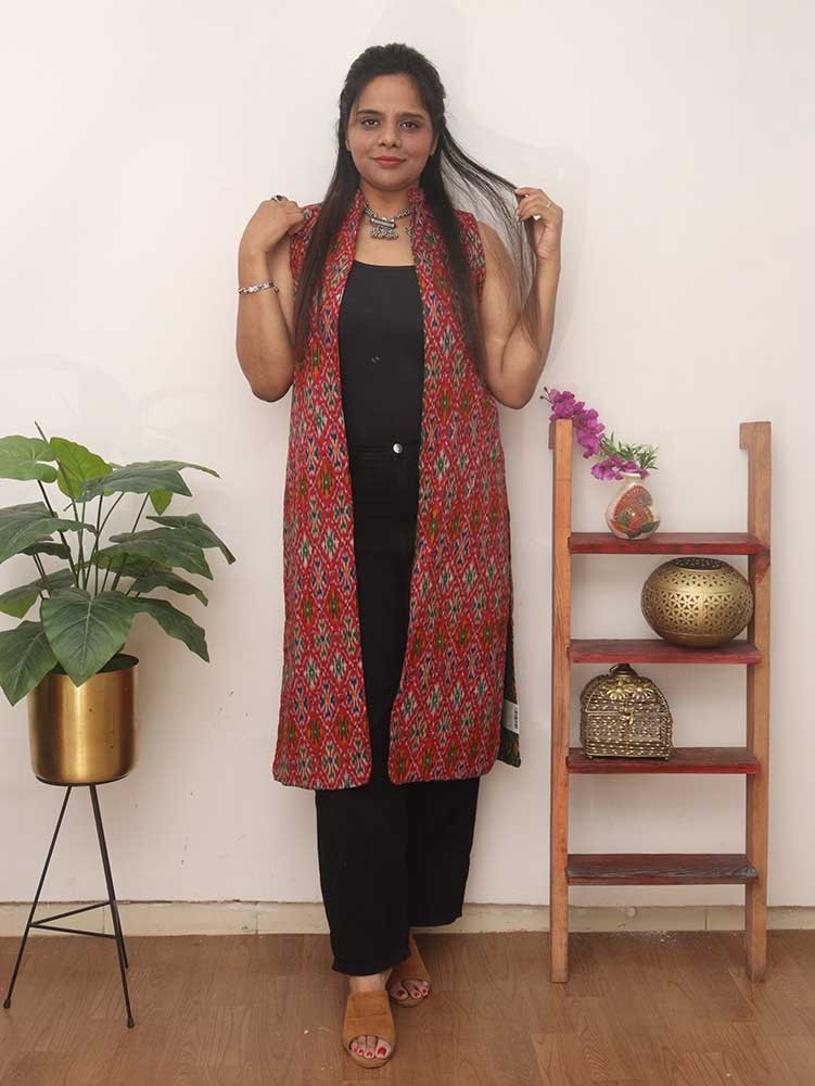 Red And Green Double Ikat Pure Cotton Reversible Jacket - Luxurion World