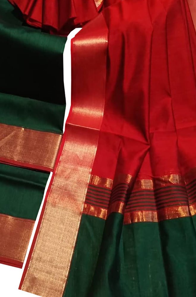 Red And Green Handloom Maheshwari Cotton Silk Two Piece Unstitched Suit Set - Luxurion World