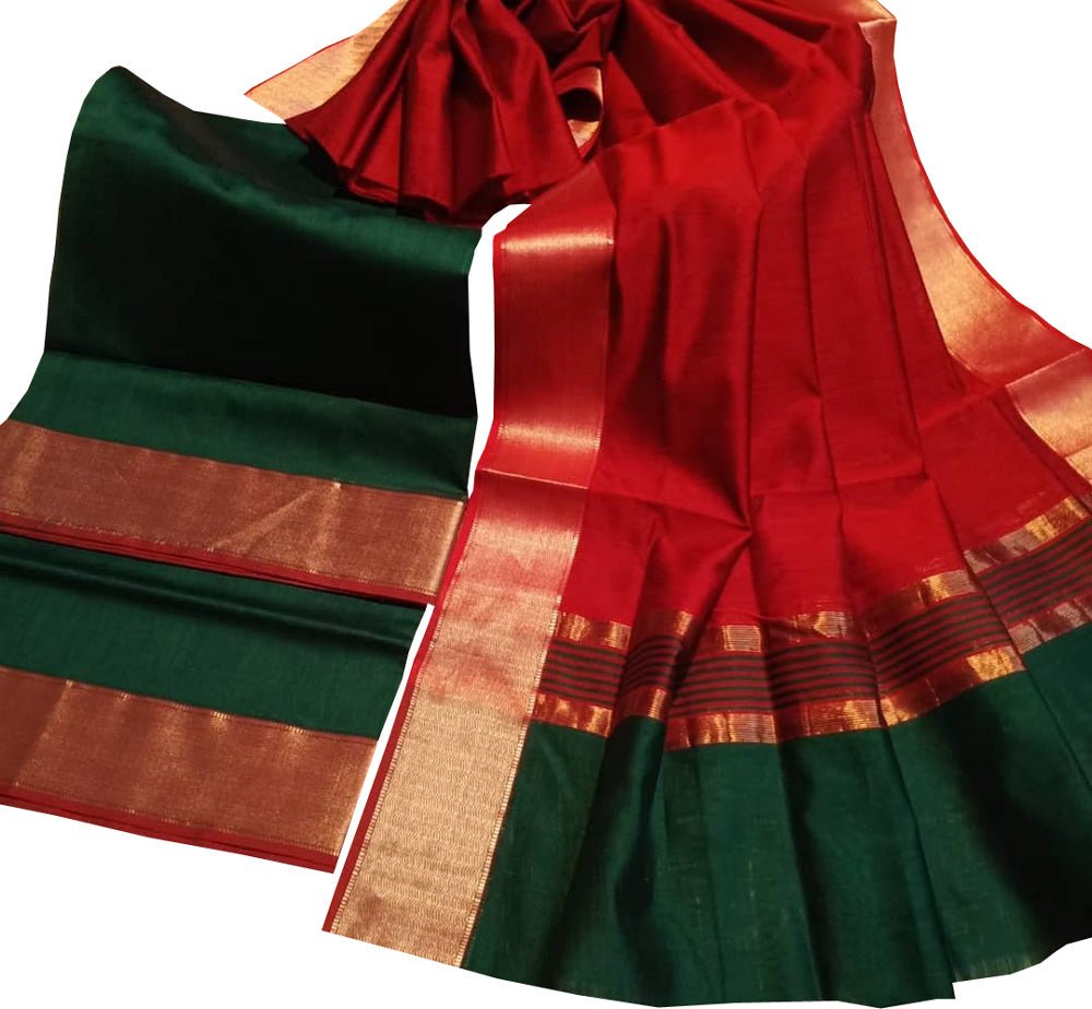 Red And Green Handloom Maheshwari Cotton Silk Two Piece Unstitched Suit Set - Luxurion World
