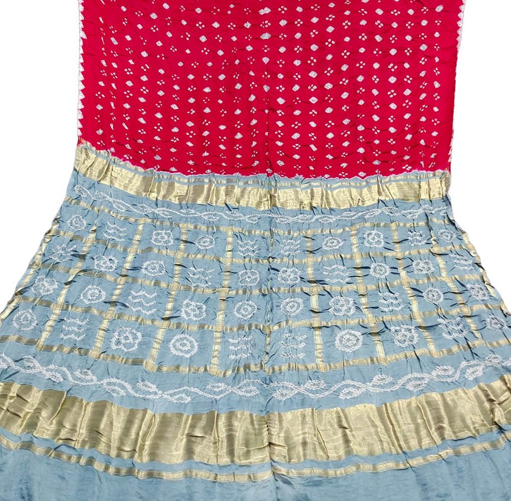 Red And Grey Checks Bandhani Gajji Silk Gharchola Saree - Luxurion World