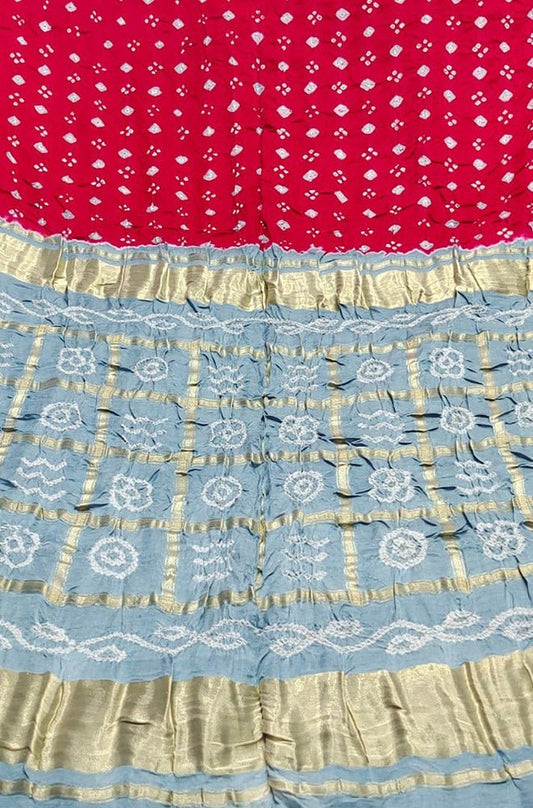 Red And Grey Checks Bandhani Gajji Silk Gharchola Saree - Luxurion World