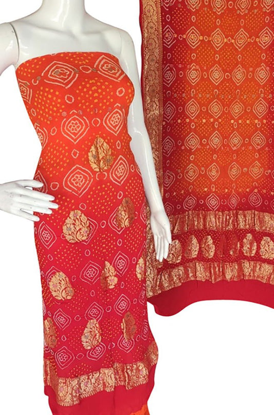 Red And Orange Bandhani Pure Georgette Three Piece Unstitched Suit Set