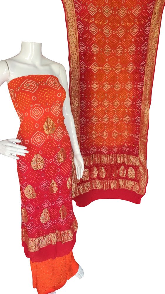 Red And Orange Bandhani Pure Georgette Three Piece Unstitched Suit Set - Luxurion World