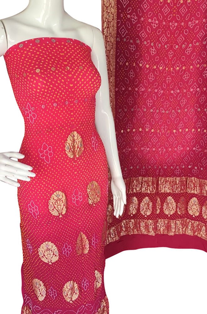 Red And Pink  Bandhani Pure Georgette Three Piece Unstitched Suit Set - Luxurion World