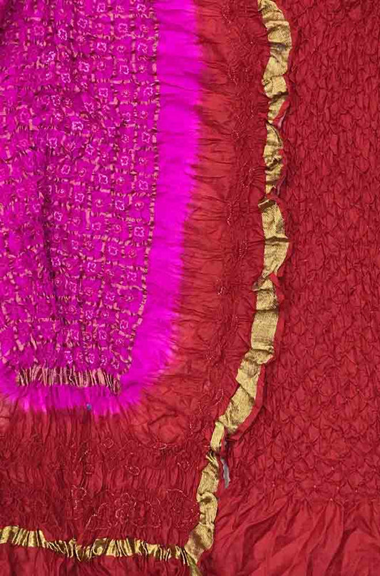 Red And Pink Bandhani Pure Silk Three Piece Unstitched Suit Set - Luxurion World