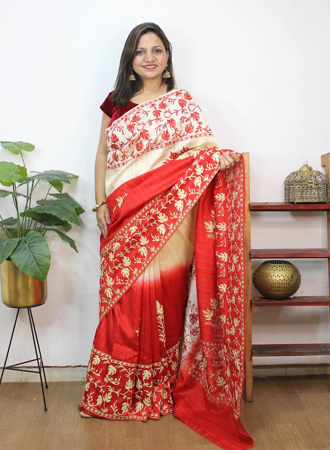 Red And White Embroidered Kashmiri Aari Work Tussar Silk Saree - Luxurion World